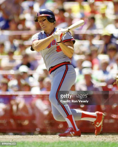 Brian Downing of the California Angels bats during an MLB game at County Stadium in Milwaukee, Wisconsin during the 1986 season.
