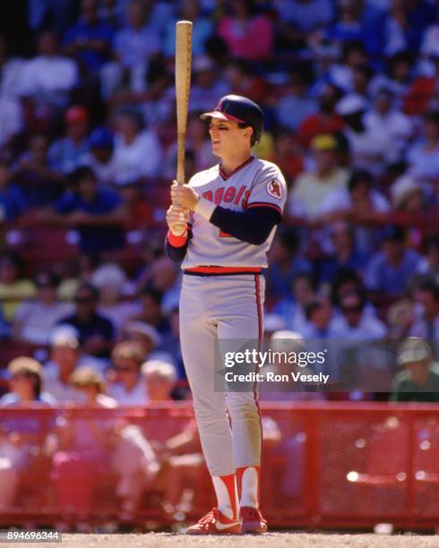 Wally Joyner of the California Angels bats during an MLB game at County Stadium in Milwaukee, Wisconsin during the 1986 season.