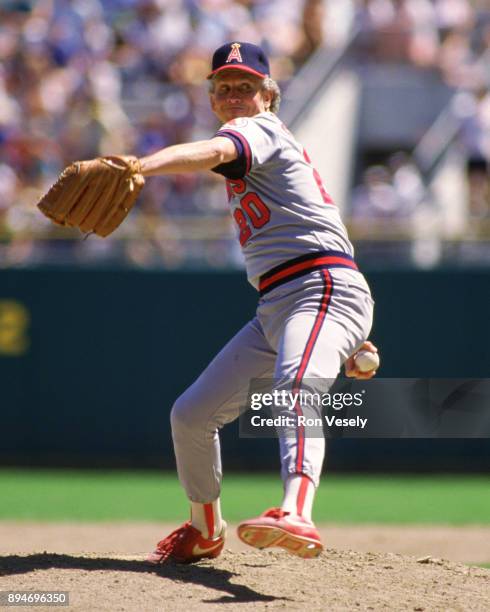 Don Sutton of the California Angels pitches during an MLB game at County Stadium in Milwaukee, Wisconsin during the 1986 season.