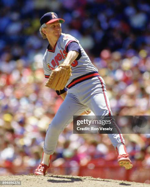 Don Sutton of the California Angels pitches during an MLB game at County Stadium in Milwaukee, Wisconsin during the 1986 season.