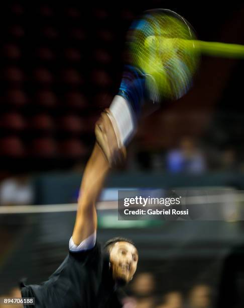 Nick Kyrgios of Australia serves during an exhibition match between Juan Martin Del Potro and Nick Kyrgios at Luna Park on December 15, 2017 in...