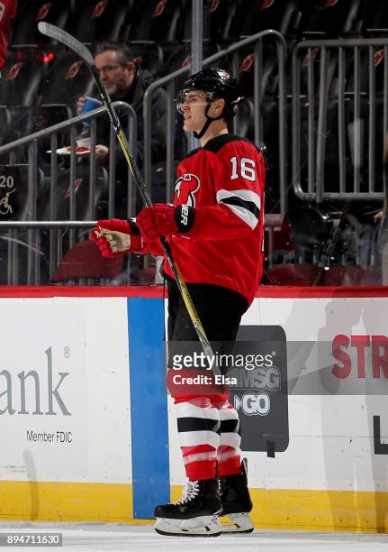 Steven Santini of the New Jersey Devils celebrates his goal in the first period against the Dallas Stars on December 15, 2017 at Prudential Center in...