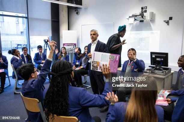 London Mayor Sadiq Khan attends an equality workshop with pupils at Platanos College to mark the launch of his campaign to celebrate women's equality...