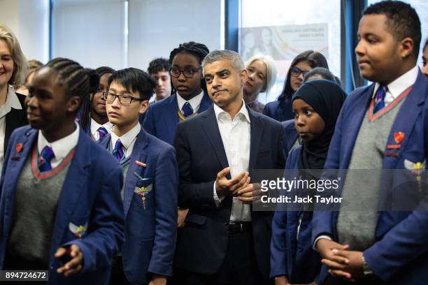 London Mayor Sadiq Khan attends an equality workshop with pupils at Platanos College to mark the launch of his campaign to celebrate women's equality...