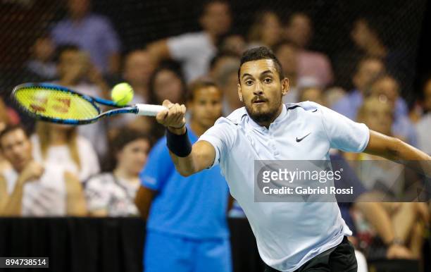 Nick Kyrgios of Australia takes a forehand shot during an exhibition match between Juan Martin Del Potro and Nick Kyrgios at Luna Park on December...