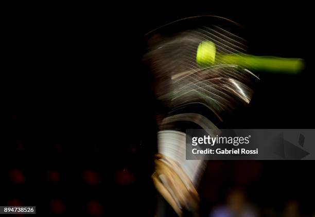 Nick Kyrgios of Australia serves during an exhibition match between Juan Martin Del Potro and Nick Kyrgios at Luna Park on December 15, 2017 in...
