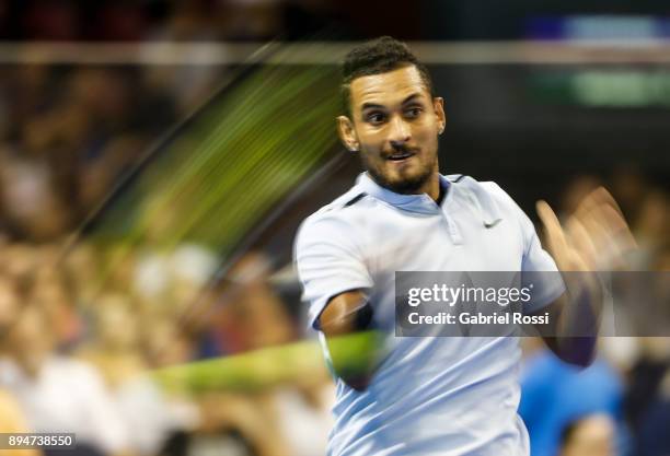 Nick Kyrgios of Australia takes a forehand shot during an exhibition match between Juan Martin Del Potro and Nick Kyrgios at Luna Park on December...