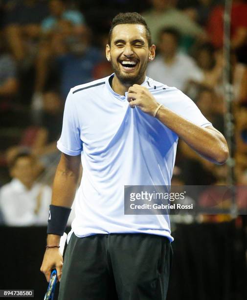 Nick Kyrgios of Australia smiles during an exhibition match between Juan Martin Del Potro and Nick Kyrgios at Luna Park on December 15, 2017 in...