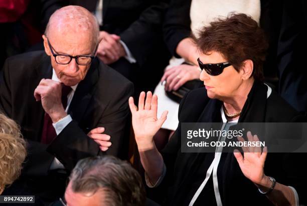 Former Norwegian Prime ministers, Kaare Willoch of the Consevative party and Gro Harlem Brundtland of the Labour party speak while attending the...
