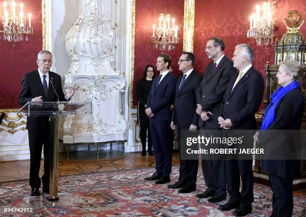 Austrian President Alexander Van der Bellen speaks in front of Austrian Chancellor of the conservative People's Party Sebastian Kurz, vice-chancellor...