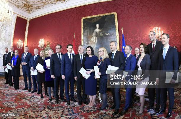 The new appointed Austrian cabinet and Austrian President Alexander van der Bellen pose during the inauguration ceremony of the new Austrian...