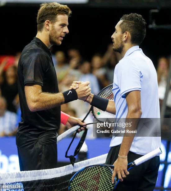 Juan Martin Del Potro of Argentina and Nick Kyrgios of Australia shakes hand after finish an exhibition match between Juan Martin Del Potro and Nick...