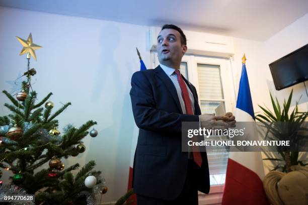 The president of French nationalist party "Les Patriotes", Florian Philippot, is pictured during the inauguration of his party's headquarters on...