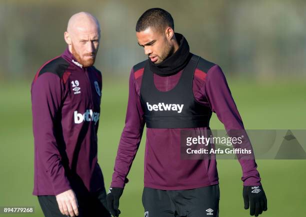 Winston Reid and James Collins of West Ham United during Training at Rush Green on December 18, 2017 in Romford, England.