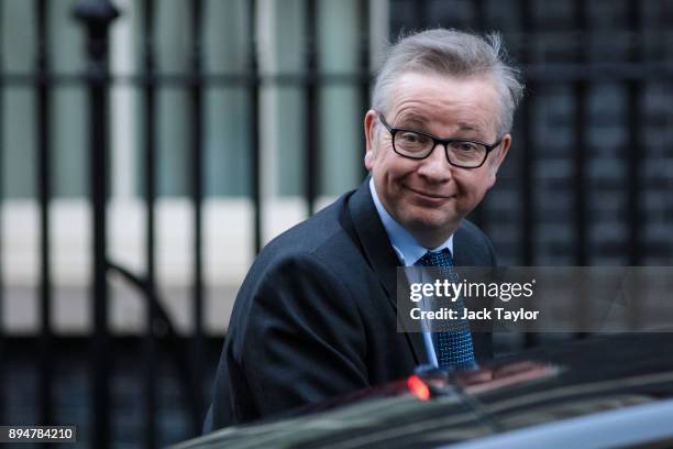 Environment, Food and Rural Affairs Secretary Michael Gove leaves Number 10 Downing Street following a cabinet meeting on December 18, 2017 in...