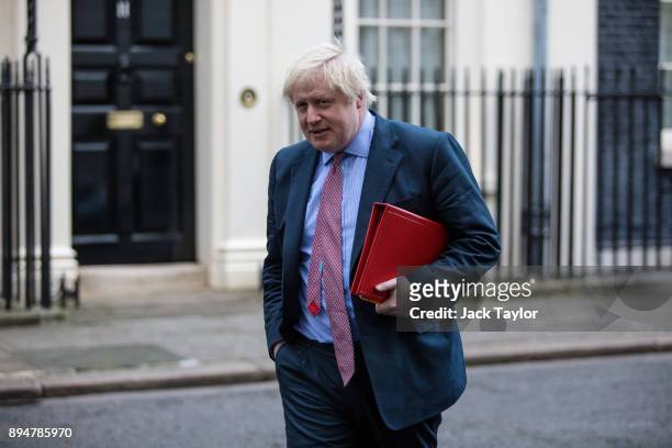 Foreign Secretary Boris Johnson leaves Number 10 Downing Street following a cabinet meeting on December 18, 2017 in London, England. British Prime...