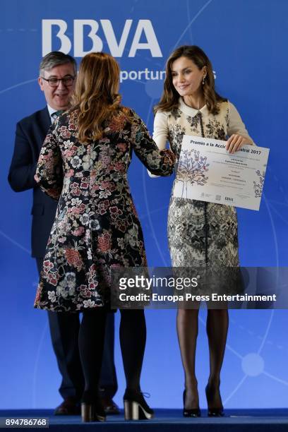 Queen Letizia of Spain meets FAD Foundation and the delivery of 2017 Accion Magistral Award at BBVA headquarters on December 18, 2017 in Madrid,...