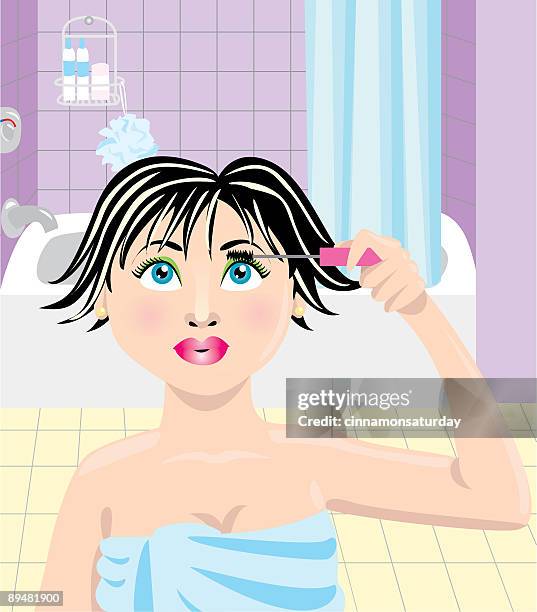 illustrations, cliparts, dessins animés et icônes de femme mettant sur le mascara - rideau de douche