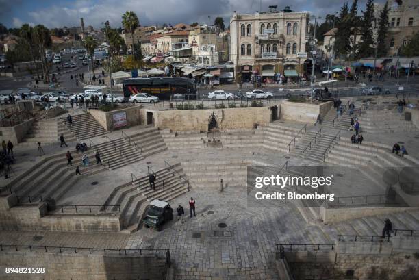 Pedestrians pass the approach to the Damascus Gate, one of the main entrances into the Old City, in Jerusalem, Israel on Thursday, Dec. 14, 2017. The...