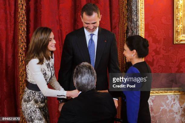 King Felipe VI of Spain and Queen Letizia of Spain receives President of Ecuador Lenin Moreno Garces and his wife Rocio Gonzalez Navas at the Royal...