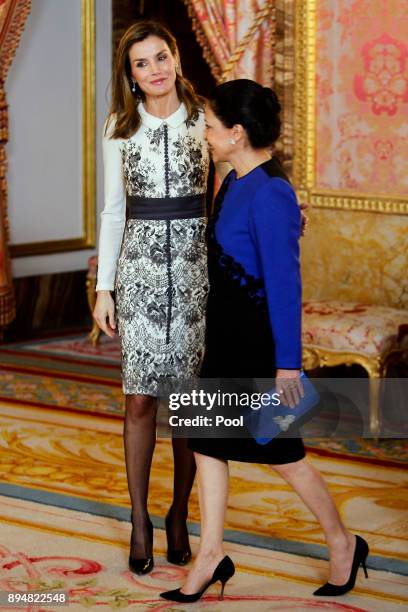 Queen Letizia of Spain receives President of Ecuador wife Rocio Gonzalez Navas at the Royal Palace on December 18, 2017 in Madrid, Spain.