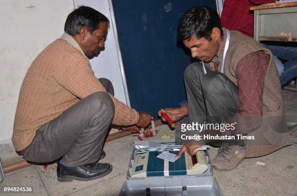 Counting of votes for Assembly elections in progress at a counting centre on December 18, 2017 in Dharamsala, India. In Himachal Pradesh assembly...