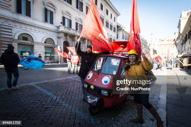 The demonstration of construction workers in Piazza Santi Apostoli in Rome for the renewal of the national contract proclaimed by Fillea Cgil, Filca...