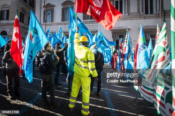 The demonstration of construction workers in Piazza Santi Apostoli in Rome for the renewal of the national contract proclaimed by Fillea Cgil, Filca...