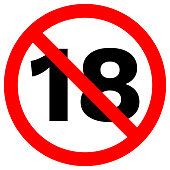 UNDER EIGHTEEN prohibition sign in crossed out red circle. Vector icon