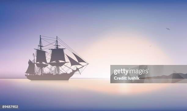 schooner at sunset - ocean surface ship stock illustrations