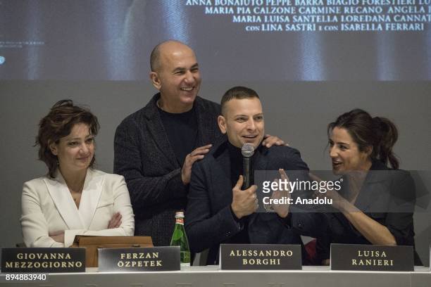 Director Ferzan Ozpetek , actress Giovanna Mezzogiorno , actor Alessandro Borghi , actress Luisa Ranieri attend press conference of the movie 'Napoli...
