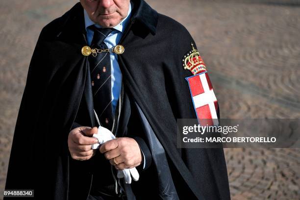 Member of the National Institute for the Honor Guard of the Royal Tombs of the Pantheon attends a ceremony to pay respect to King Victor Emmanuel III...