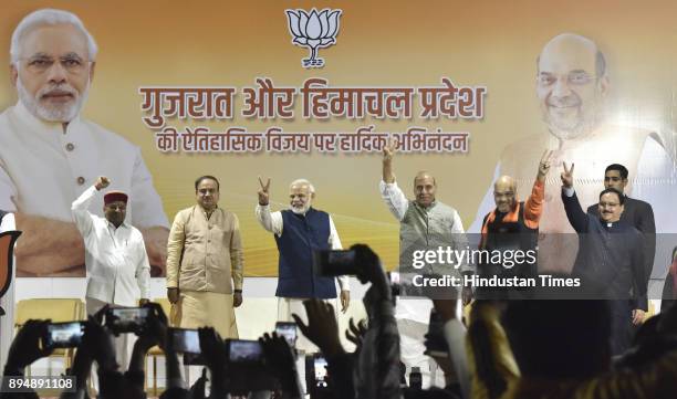 National BJP President Amit Shah along with other leaders and ministers felicitated Prime Minister Narendra Modi after winning Gujarat and Himachal...