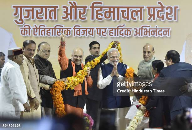 Leaders and ministers felicitated Prime Minister Narender Modi and National BJP President Amit Shah after winning Gujarat and Himachal Pradesh...