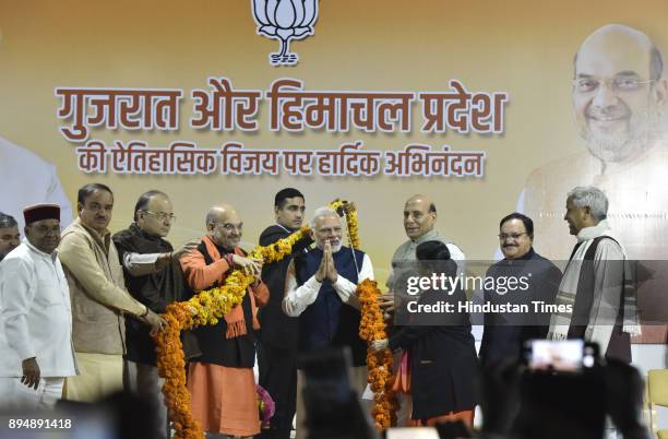 National BJP President Amit Shah along with other leaders and ministers felicitated Prime Minister Narendra Modi after winning Gujarat and Himachal...