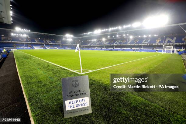 General view of a 'Keep Off The Grass' sign next to the pitch before the Premier League match at Goodison Park, Liverpool.