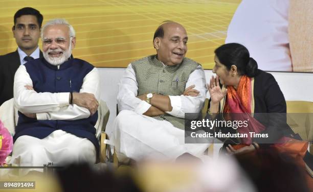 Prime Minister Narender Modi talking with Rajnath singh and Sushma Swaraj after winning Gujarat and Himachal Pradesh Election 2017 at BJP HQ on...