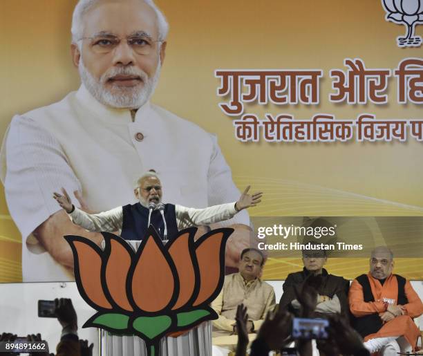 Prime Minister Narender Modi addresses BJP workers and supporters after winning Gujarat and Himachal Pradesh Election 2017 at BJP HQ on December 18,...