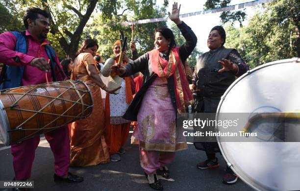 Worker and supporters celebrate after winning Gujarat and Himachal Pradesh Election 2017 at BJP HQ on December 18, 2017 in New Delhi, India. The...