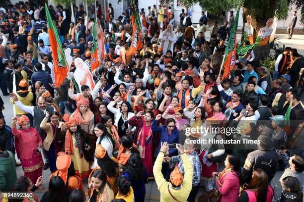 National BJP President Amit Shah with BJP worker and supporters celebrating after winning Gujarat and Himachal Pradesh Election 2017 at BJP HQ on...