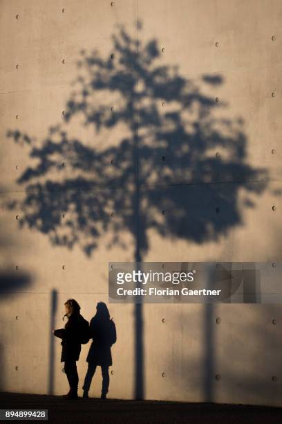 Woman reads a book next to a house facade and the shadow of a tree on December 18, 2017 in Berlin, Germany.