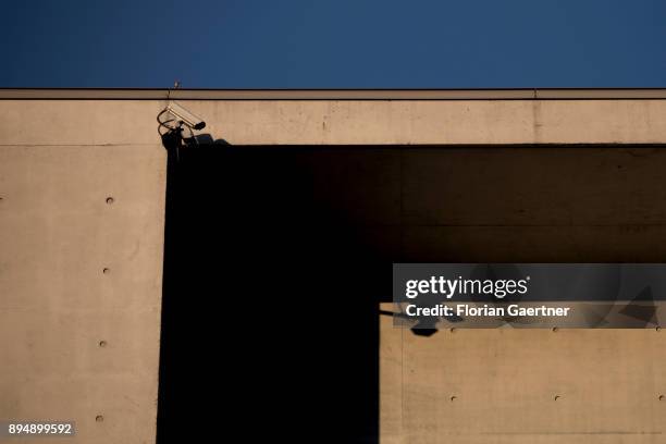 Surveillance camera is pictured in evening light on December 18, 2017 in Berlin, Germany.