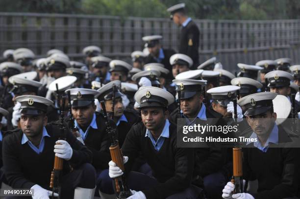 Indian Coast Guard personnel during rehearsal parade ahead for Republic Day on December 18, 2017 in Noida, India.