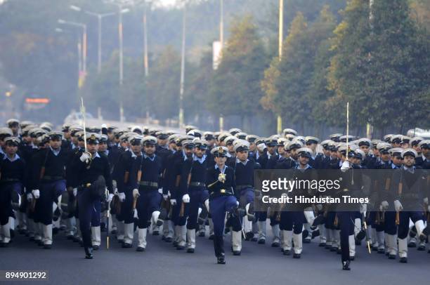 Indian Coast Guard personnel during rehearsal parade ahead for Republic Day on December 18, 2017 in Noida, India.