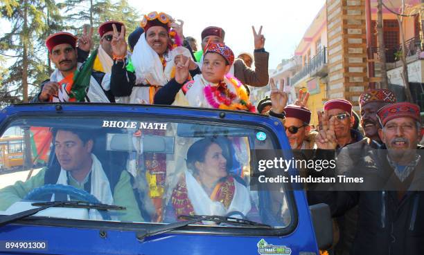 Candidate from Lahaul Spiti Ram Lal Markandey celebrates with supporters after win on December 18, 2017 in Kullu, India. In Himachal Pradesh assembly...