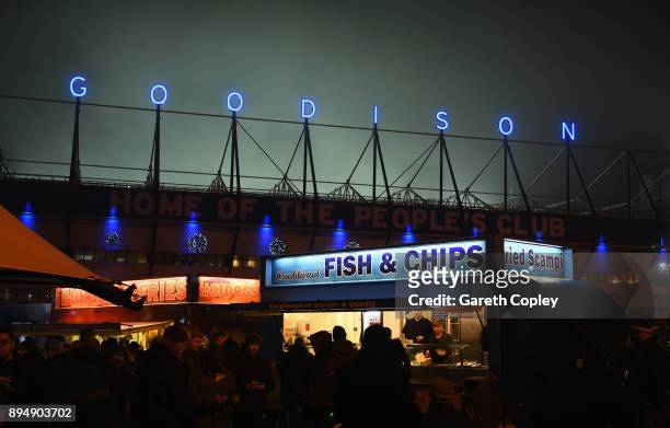 Fish and chips for sale outside the stadium prior to the Premier League match between Everton and Swansea City at Goodison Park on December 18, 2017...