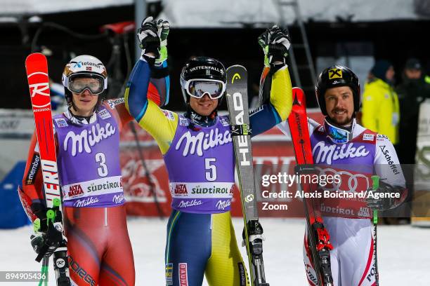 Matts Olsson of Sweden takes 1st place, Henrik Kristoffersen of Norway takes 2nd place, Marcel Hirscher of Austria takes 3rd place during the Audi...