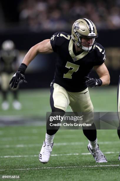 Taysom Hill of the New Orleans Saints in action against the New York Jets at Mercedes-Benz Superdome on December 17, 2017 in New Orleans, Louisiana.