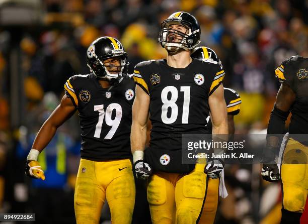 Jesse James of the Pittsburgh Steelers celebrates with teammates after an apparent touchdown in the fourth quarter during the game against the New...