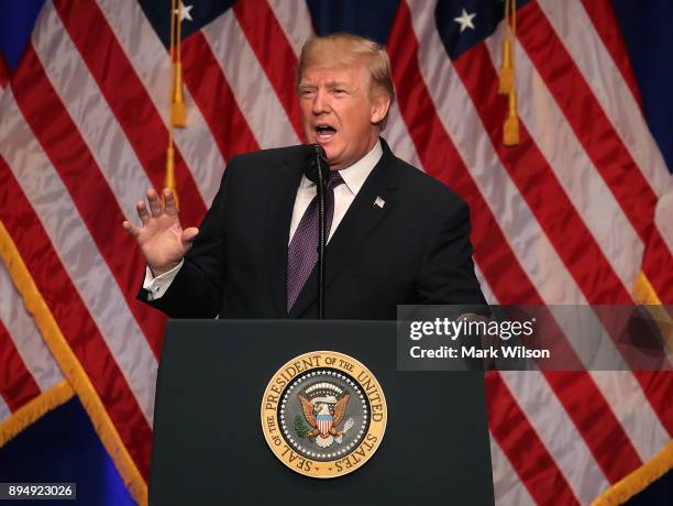 President Donald Trump delivers a speech at the Ronald Reagan Building December 18, 2017 in Washington, DC. The president was expected to outline a...